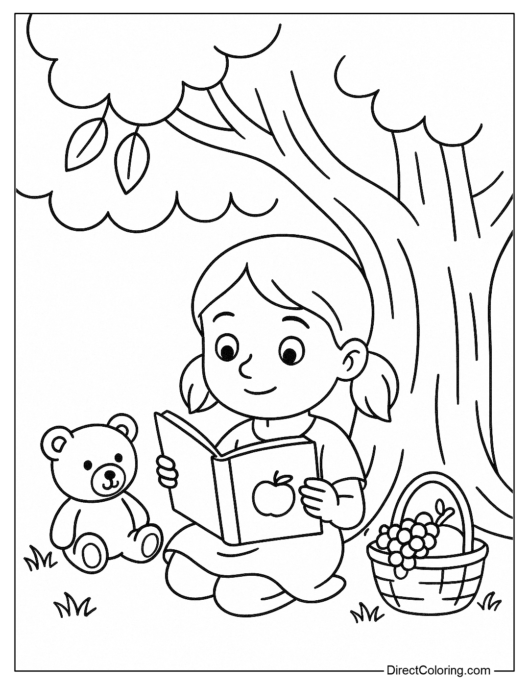 Baby reading coloring page under a big tree with stuffed animals and a fruit basket.
